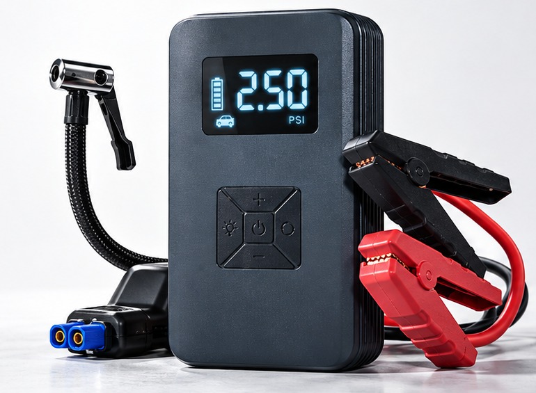 RoadReady jump starter and tire inflator with air hose and red and black battery clamps