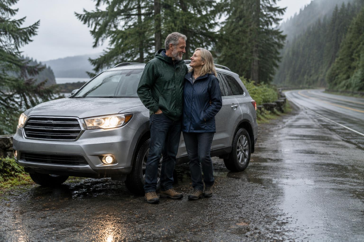 An older couple beside their vehicle at a rainy rest stop