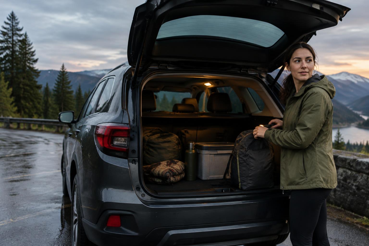 An everyday driver beside an open trunk at a mountain-road turnout