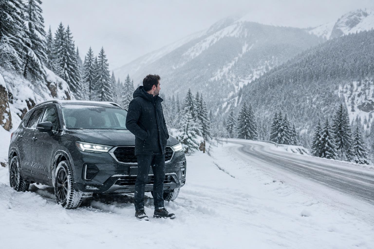 A young driver beside an SUV at a snowy roadside turnout